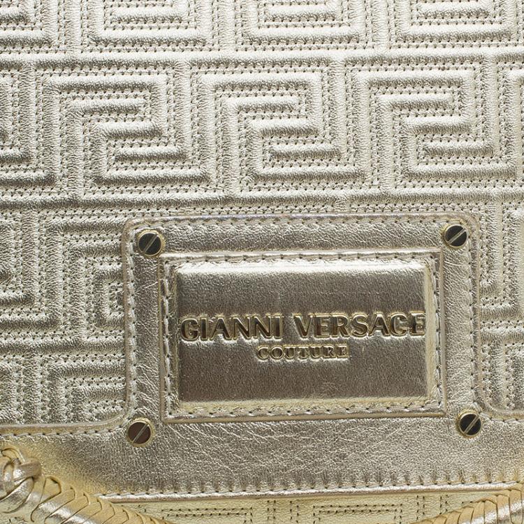 Pre Owned Versace Gold Embossed Leather Flap Shoulder Bag