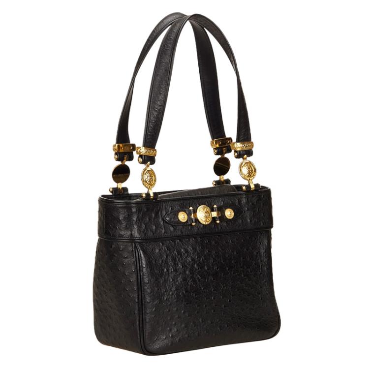 Pre Owned Versace Black Ostrich Leather Tote