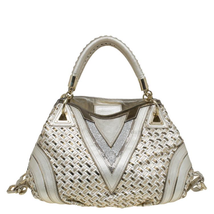 Pre Owned Versace Gold Woven Leather Crystal V Satchel