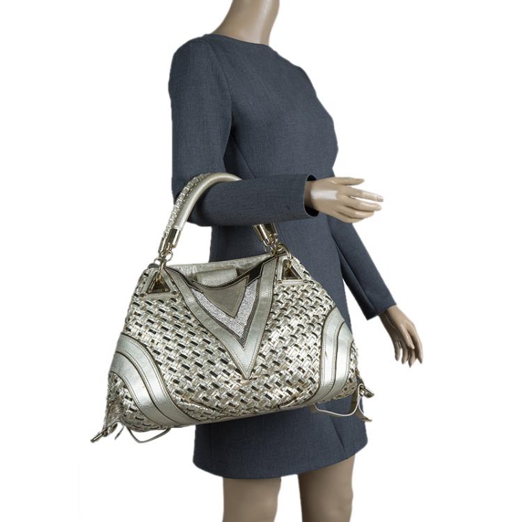 Pre Owned Versace Gold Woven Leather Crystal V Satchel