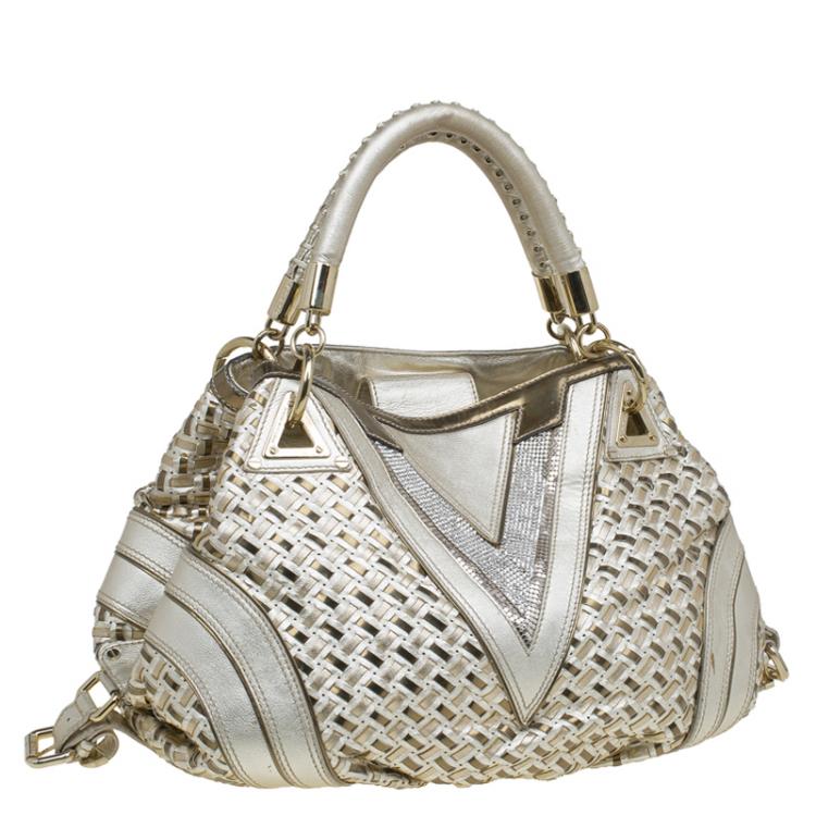 Pre Owned Versace Gold Woven Leather Crystal V Satchel
