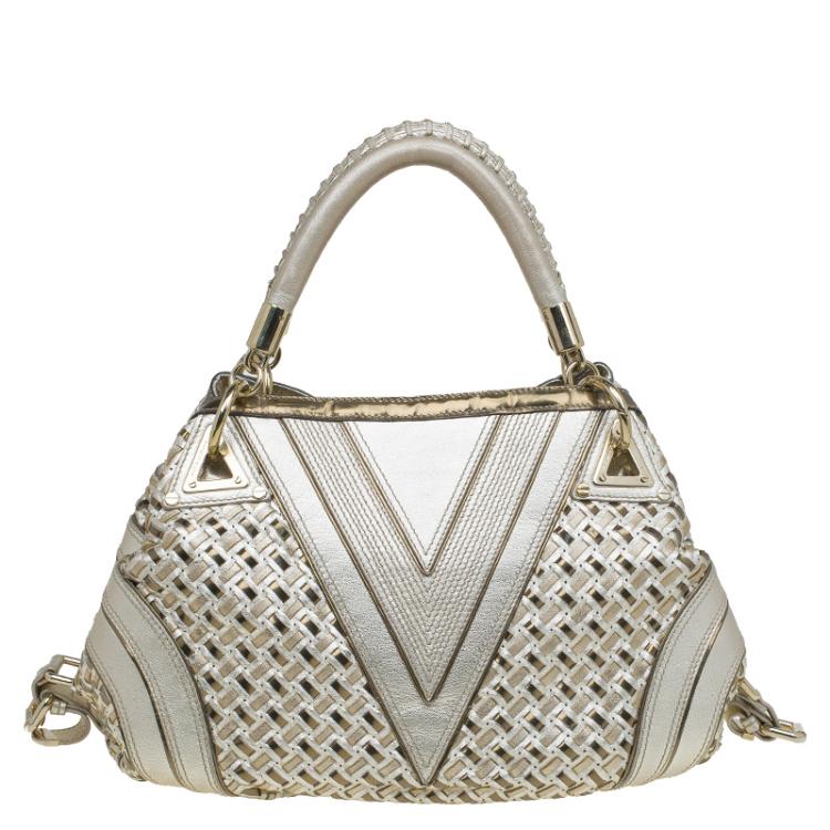 Pre Owned Versace Gold Woven Leather Crystal V Satchel