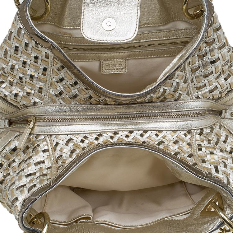 Pre Owned Versace Gold Woven Leather Crystal V Satchel
