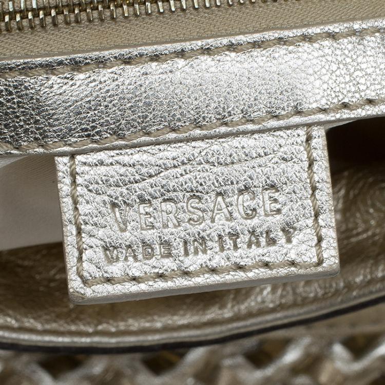 Pre Owned Versace Gold Woven Leather Crystal V Satchel