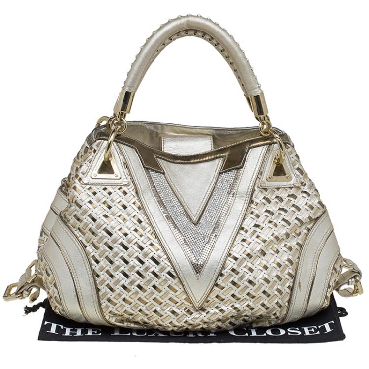 Pre Owned Versace Gold Woven Leather Crystal V Satchel