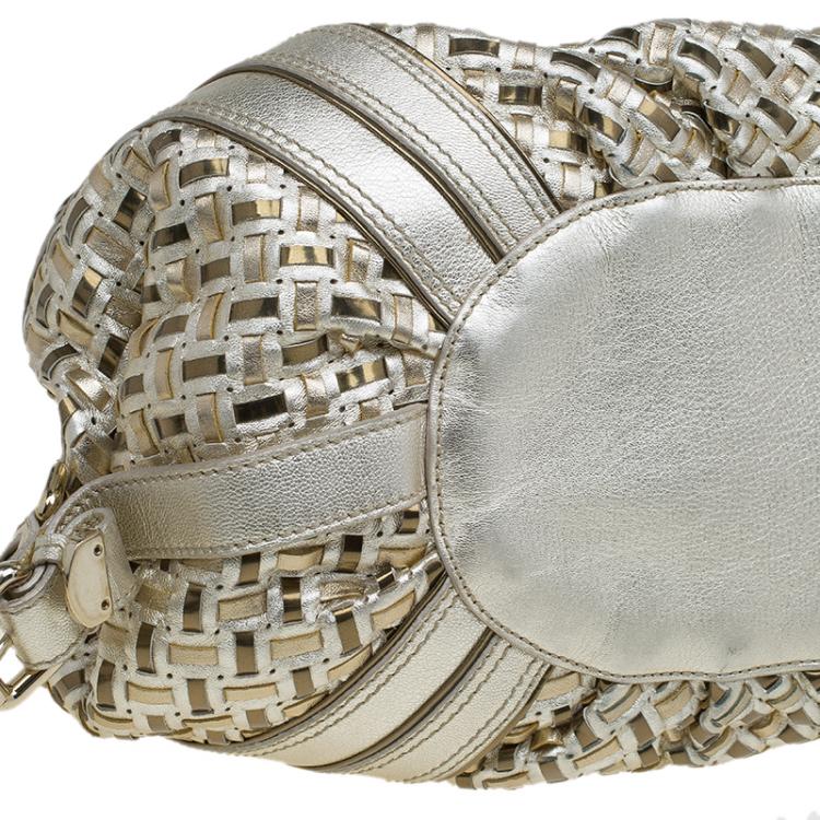 Pre Owned Versace Gold Woven Leather Crystal V Satchel