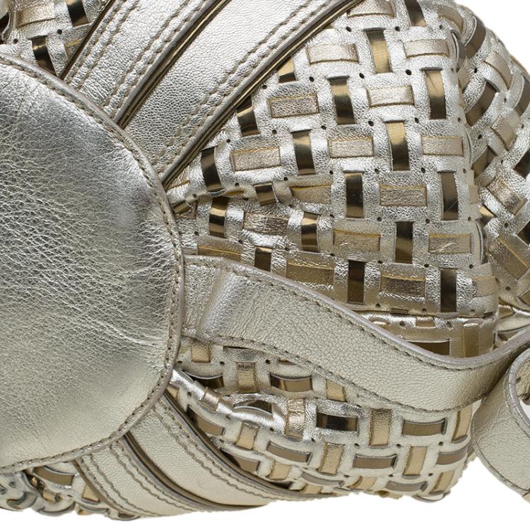 Pre Owned Versace Gold Woven Leather Crystal V Satchel