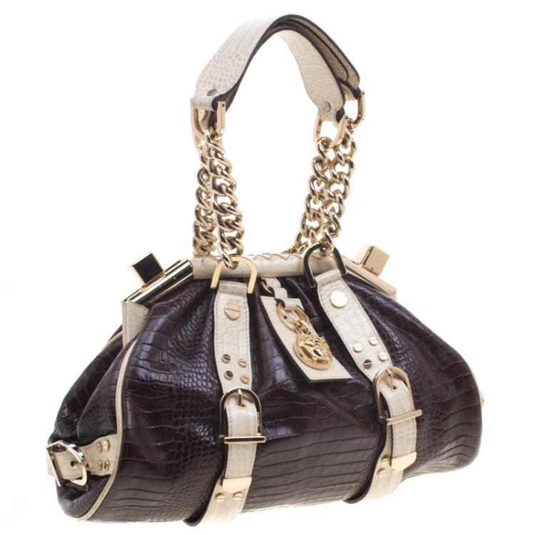 Pre Owned Versace Brown/Cream Croc Embossed Leather Madonna Boston Bag