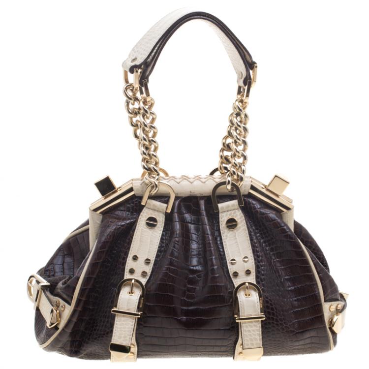 Pre Owned Versace Brown/Cream Croc Embossed Leather Madonna Boston Bag