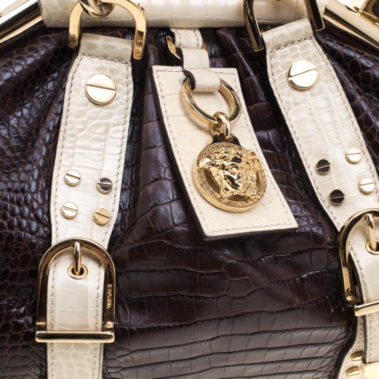 Pre Owned Versace Brown/Cream Croc Embossed Leather Madonna Boston Bag