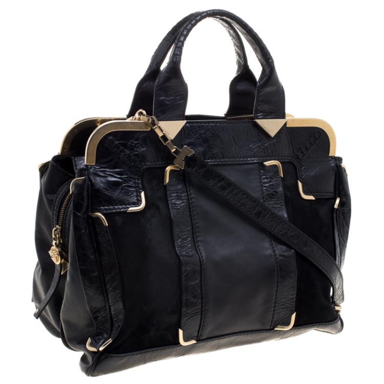 Pre Owned Versace Black Leather and Suede Satchel