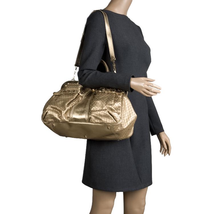 Pre Owned Versace Gold Leather Studded Frame Satchel 
