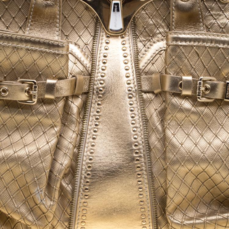 Pre Owned Versace Gold Leather Studded Frame Satchel 