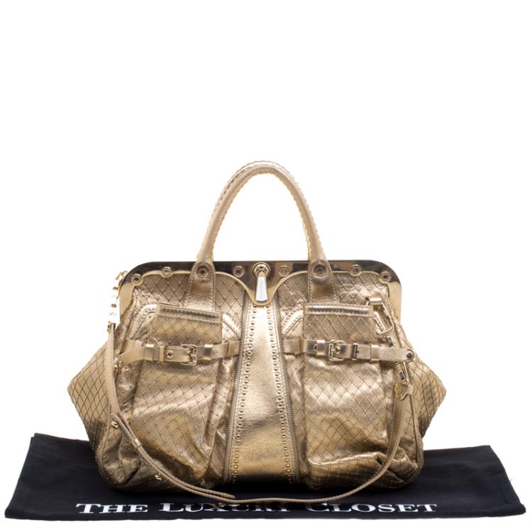 Pre Owned Versace Gold Leather Studded Frame Satchel 