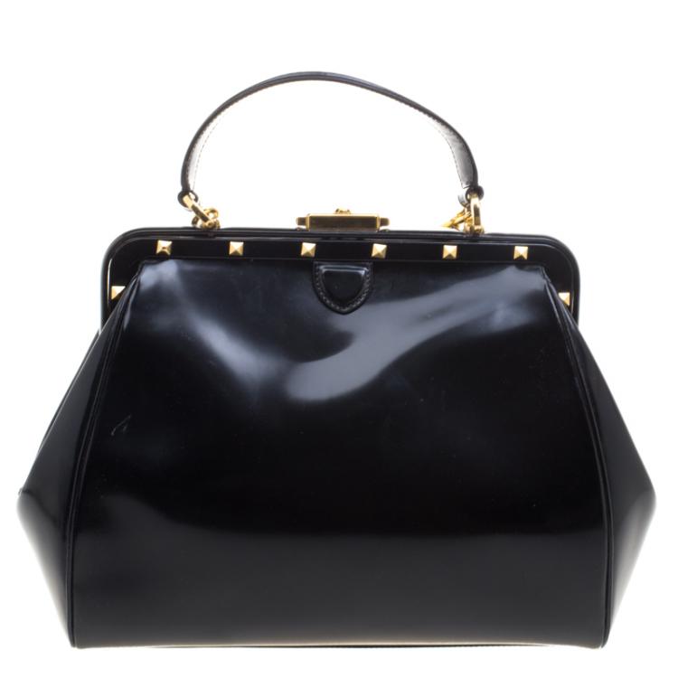 Pre Owned Versace Black Patent Leather Zip Detail Satchel