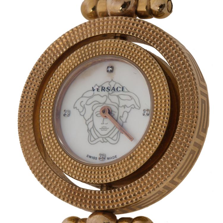 Pre Owned Versace White Stainless Steel Rose Gold Tone Women's Wristwatch 33MM