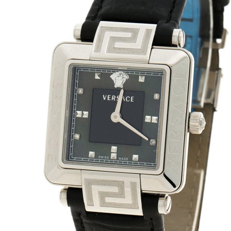 Pre Owned Versace Black Mother of Pearl Stainless Steel Reve Carre 88Q Women's Wristwatch 30MM