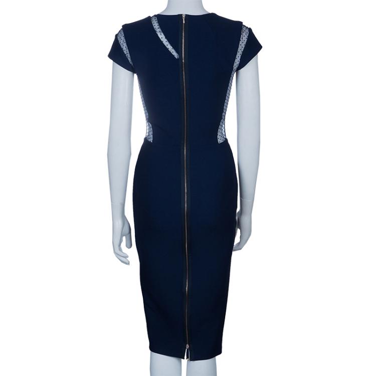 Pre Owned Victoria Beckham Navy Blue Lace Insert Bodycon Dress S