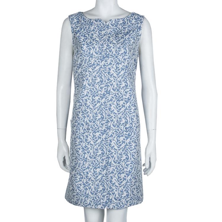 Pre Owned Victoria Victoria Beckham Blue and White Brocade Sleeveless Shift Dress L