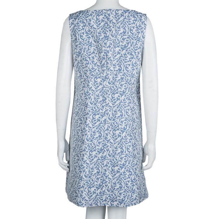 Pre Owned Victoria Victoria Beckham Blue and White Brocade Sleeveless Shift Dress L