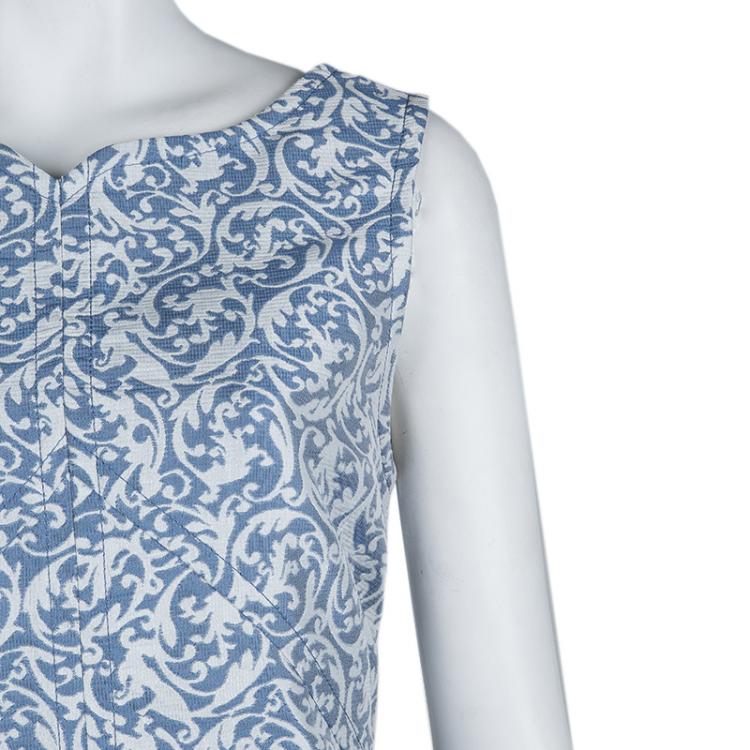 Pre Owned Victoria Victoria Beckham Blue and White Brocade Sleeveless Shift Dress L