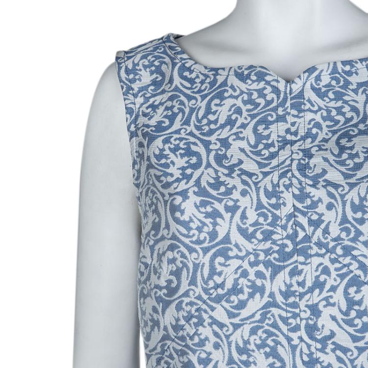Pre Owned Victoria Victoria Beckham Blue and White Brocade Sleeveless Shift Dress L