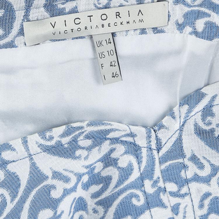 Pre Owned Victoria Victoria Beckham Blue and White Brocade Sleeveless Shift Dress L