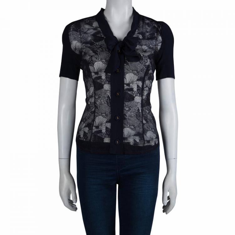 Pre Owned Viktor & Rolf Navy Blue Short Sleeve Sheer Lace Shirt S