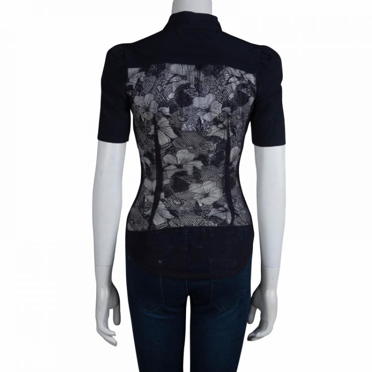 Pre Owned Viktor & Rolf Navy Blue Short Sleeve Sheer Lace Shirt S