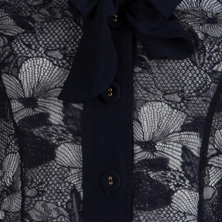 Pre Owned Viktor & Rolf Navy Blue Short Sleeve Sheer Lace Shirt S