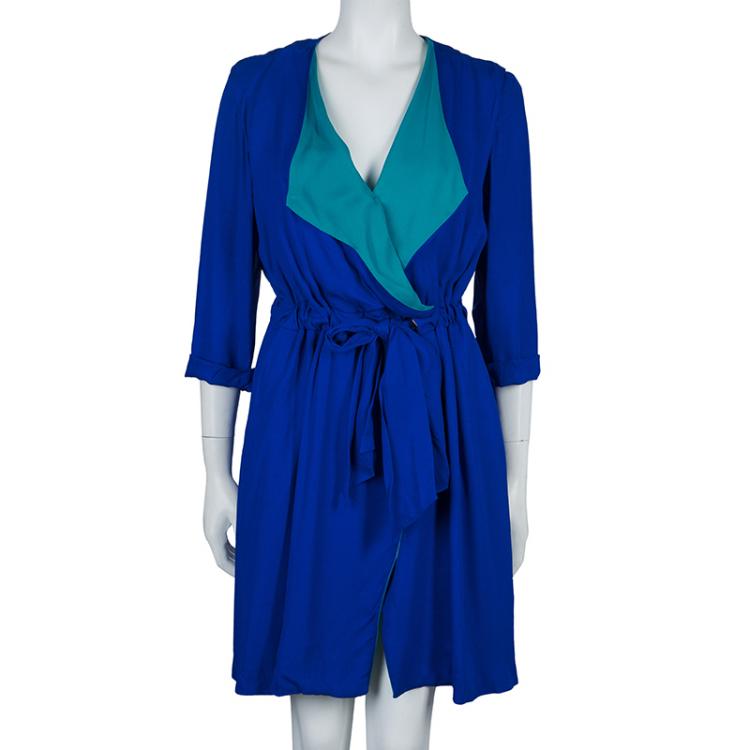 Pre Owned Viktor & Rolf Blue Silk Contrast Lapel Waist Tie Detail Dress M
