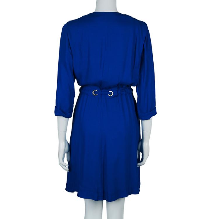 Pre Owned Viktor & Rolf Blue Silk Contrast Lapel Waist Tie Detail Dress M