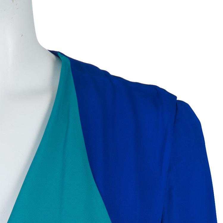 Pre Owned Viktor & Rolf Blue Silk Contrast Lapel Waist Tie Detail Dress M