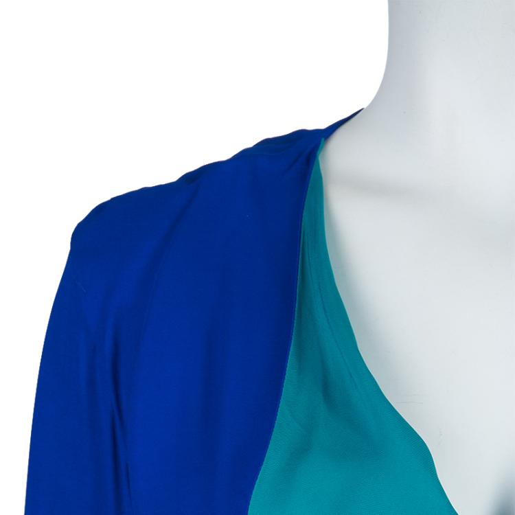 Pre Owned Viktor & Rolf Blue Silk Contrast Lapel Waist Tie Detail Dress M