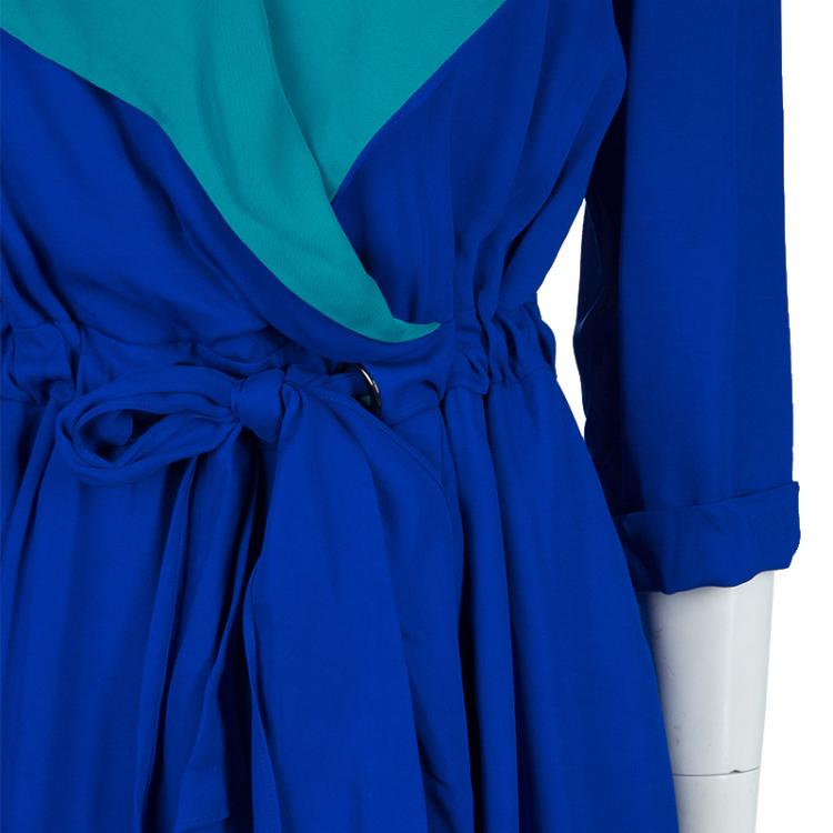 Pre Owned Viktor & Rolf Blue Silk Contrast Lapel Waist Tie Detail Dress M