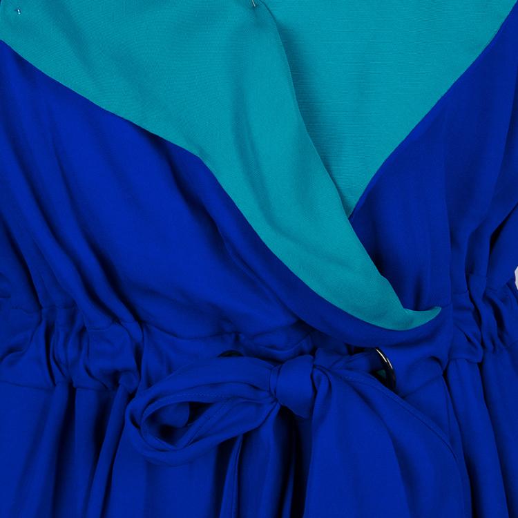 Pre Owned Viktor & Rolf Blue Silk Contrast Lapel Waist Tie Detail Dress M