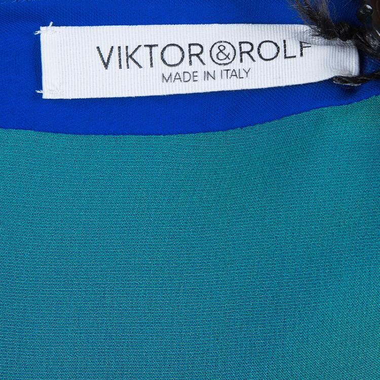 Pre Owned Viktor & Rolf Blue Silk Contrast Lapel Waist Tie Detail Dress M