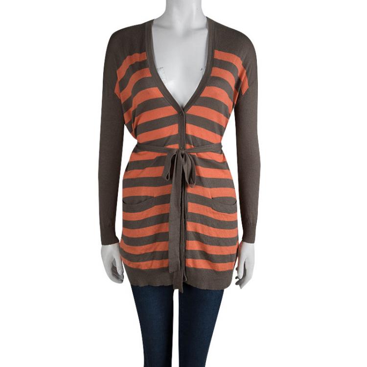 Pre Owned Weekend By Max Mara Brown and Orange Striped Belted Cardigan XS
