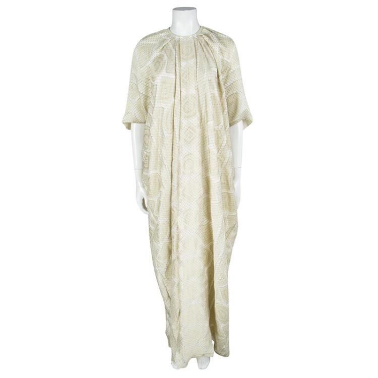 Pre Owned Yves Saint Laurent Gold Silk Jacquard Dotted Maxi Dress M