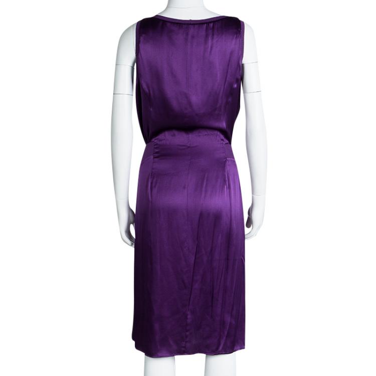 Pre Owned Yves Saint Laurent Purple Satin Rib Trim Sleeveless Dress M