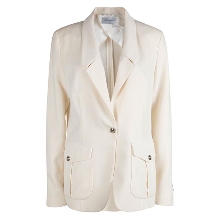 Pre Owned Yves Saint Laurent Cream Wool Notched Collar Blazer L