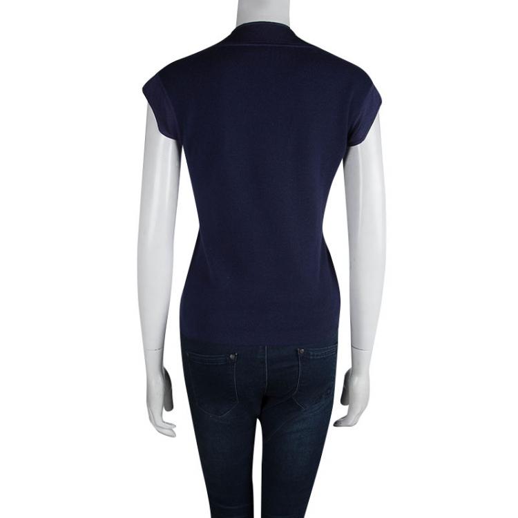 Pre Owned Yves Saint Laurent Navy Blue Knit Asymmetric Cap Sleeve Cardigan M