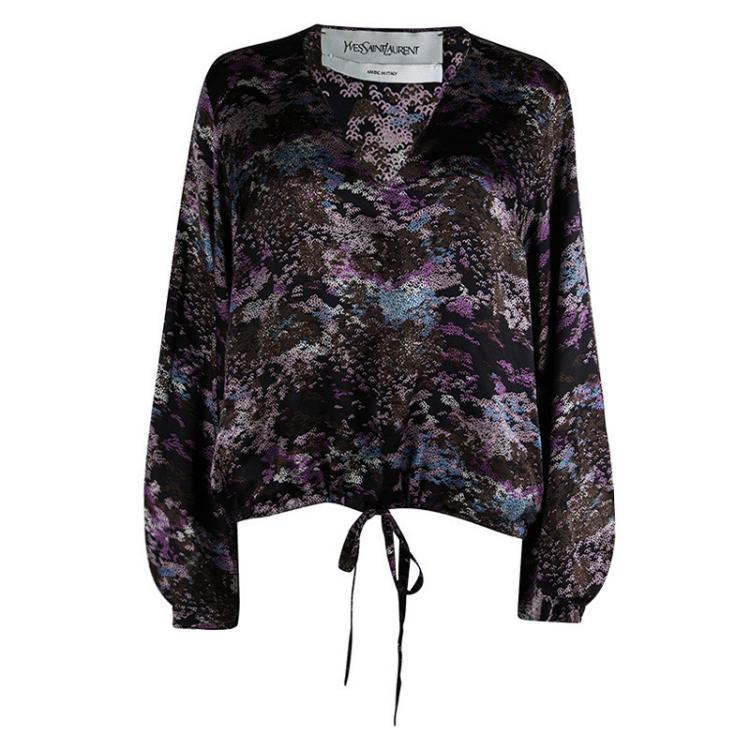مملوكة مسبقًا Yves Saint Laurent Multicolor Printed Silk Long Sleeve Tie Detail Top L
