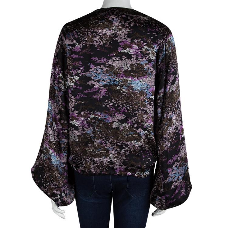 مملوكة مسبقًا Yves Saint Laurent Multicolor Printed Silk Long Sleeve Tie Detail Top L