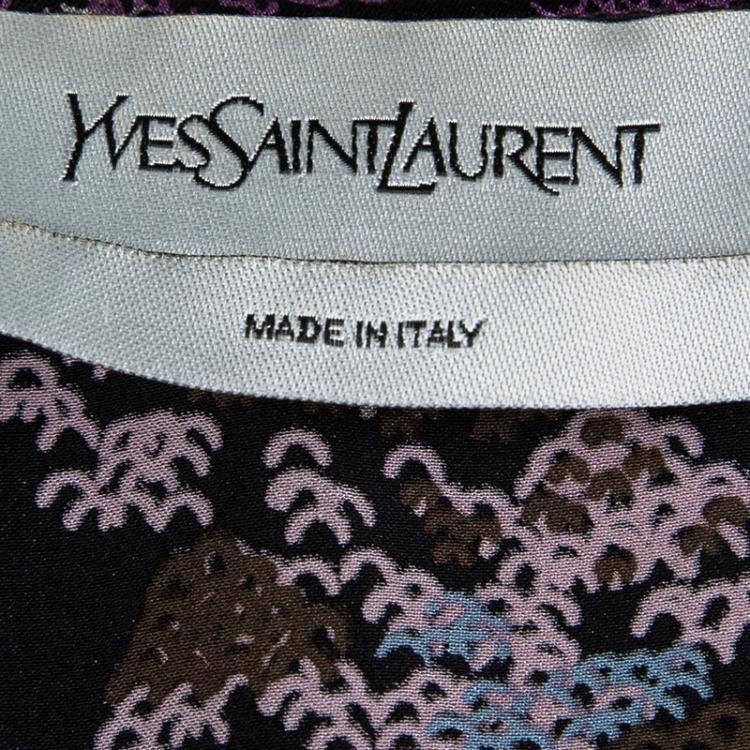 مملوكة مسبقًا Yves Saint Laurent Multicolor Printed Silk Long Sleeve Tie Detail Top L
