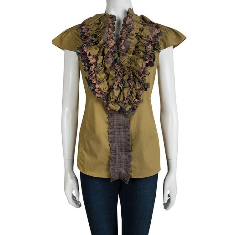 Pre Owned Yves Saint Laurent Multicolor Cotton Ruffle Placket Detail Blouse L