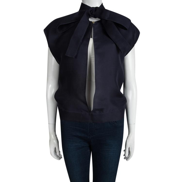 Pre Owned Yves Saint Laurent Navy Blue Silk Tie Detail Open Front Top M