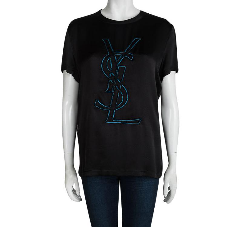 Pre Owned Yves Saint Laurent Black Silk Monogram Detail Short Sleeve Top M