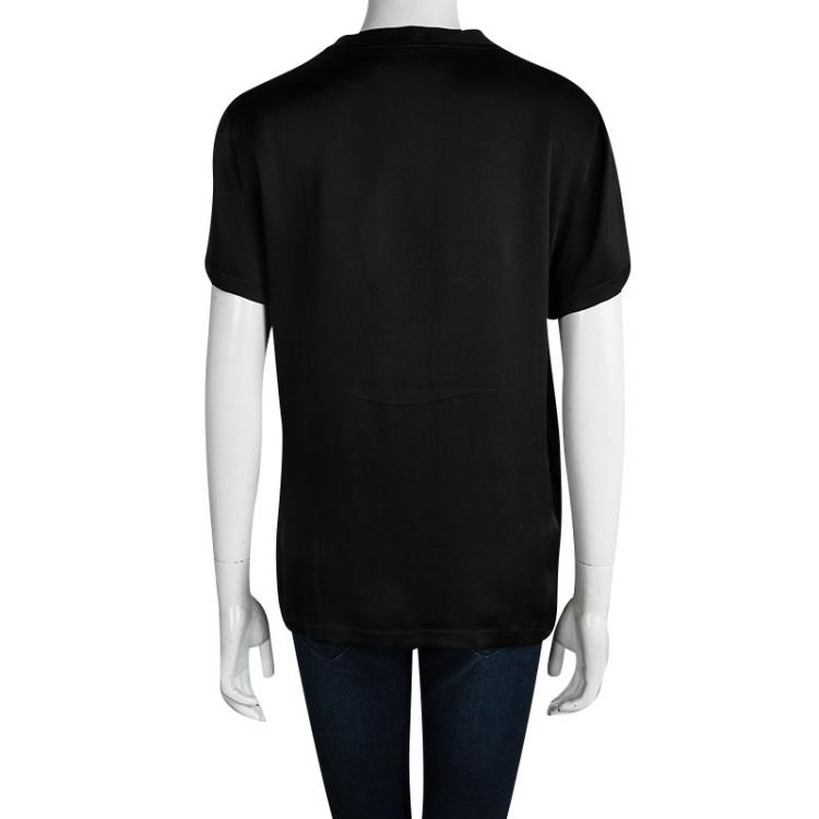 Pre Owned Yves Saint Laurent Black Silk Monogram Detail Short Sleeve Top M