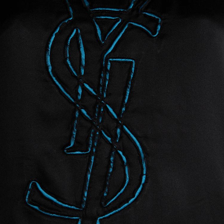 Pre Owned Yves Saint Laurent Black Silk Monogram Detail Short Sleeve Top M